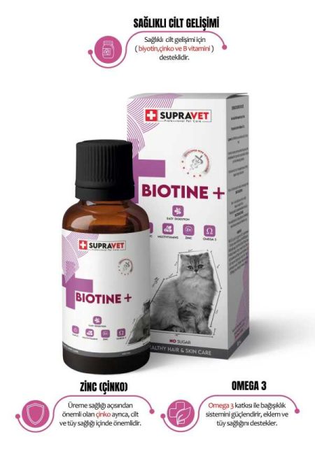 Supravet Plus + B For Cats Biotine Damla 100 ml + Zinc + Multi Vitamin (Kediler İçin Tüy Sağlığı Damlası)